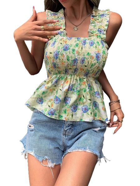 

allover floral print shirred peplum wide strap 36w6#, White