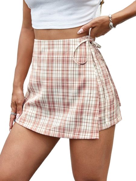 

tartan print knot side wrap skort 596l#, White;black