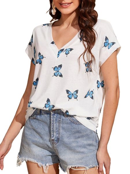 

butterfly print v neck tee z5rm#, White