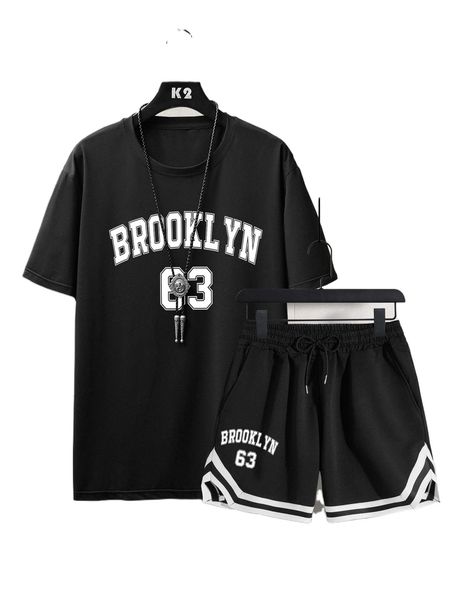 

men letter graphic tee & striped trim drawstring waist shorts z48n#, Gray