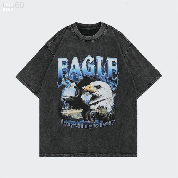 

men's t-shirts designer meichao brand leisure cotton t-shirt washing water used printing eagle letter loose short sleeve men 6boy, White;black