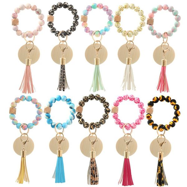 

wood bead bracelet jewelry silicone beaded tassel keychains beaded tie-dye bangle rainbow colorful fringe bracelets wrist key ring pendant b, Red;brown