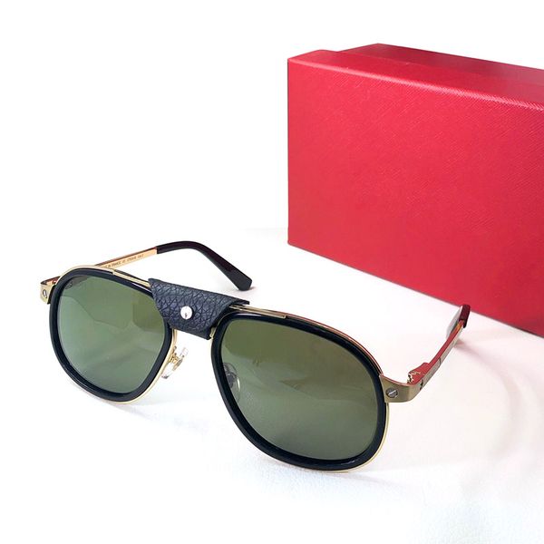 

square pilot sunglasses men ladies needle oak carbon fiber surround lens champagne gold finish metallic brown leather nose bridge green pola, Black