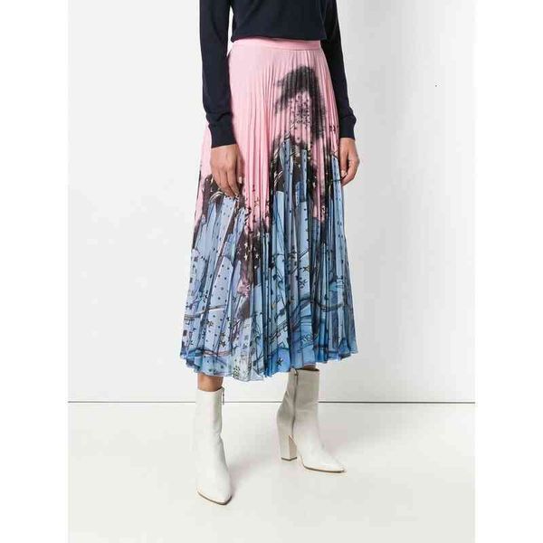 

skirts red autumn and winter chiffon printing city starry sky pleated skirt large, Black
