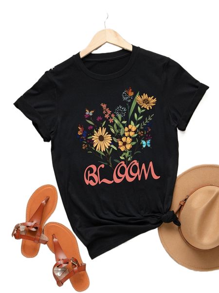 

plus floral and letter graphic tee s7jy#, Black