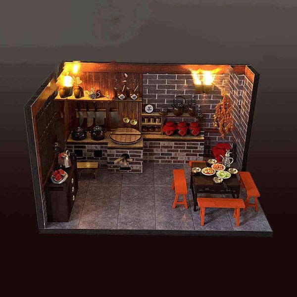 Fai da te in legno in miniatura cucina cinese camera casa delle bambole kit mobili per la casa villa casa delle bambole giocattoli assemblati per adulti regali di Natale