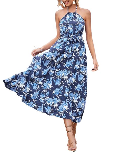 

allover floral print belted halter dress 10nb#, Black;gray