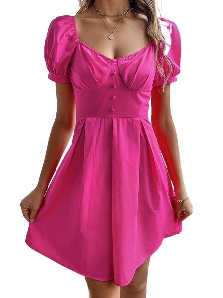 

sweetheart neck button front puff sleeve dress x3qp#, Black;gray