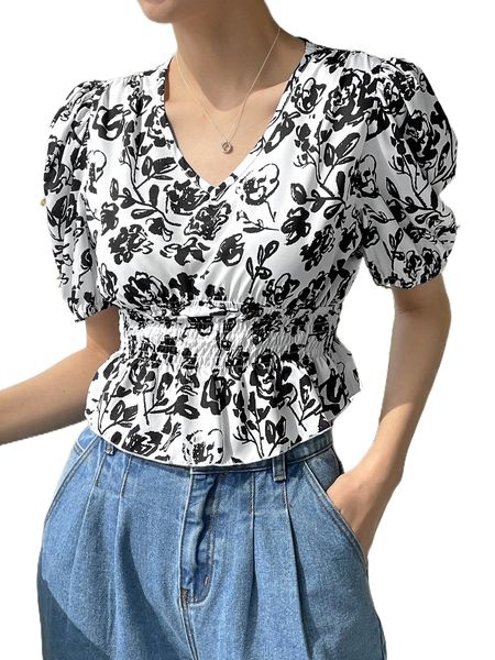 

dazy floral print puff sleeve shirred peplum blouse 96vx#, White