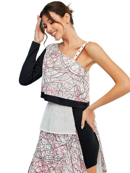 

x anne kyrsten graphic print asymmetrical neck tee 65v8#, White
