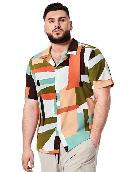 

extended sizes men geo print lapel neck shirt r5l8#, White;black