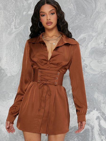 

satin corset lace-up belt mini dress 86wp#, Black;gray
