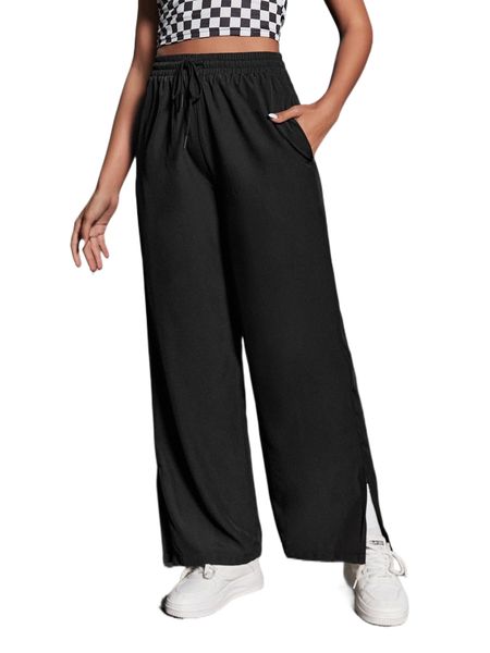 

drawstring waist slant pockets split hem pants y2gt#, Black;white