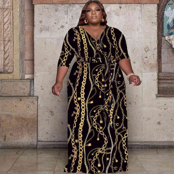 

urban trendy plus size clothing women 4xl 5xl printed v neck waistband loose evening dresses elegant maxi party dress wholesale y220510, Black;gray
