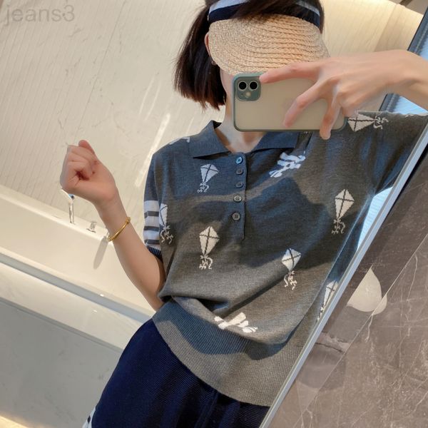 

women's t-shirt designer correct version 22 spring / summer tb four stripe kite mosaic knitted lapel polo short sleeve t-shirt fashion, White