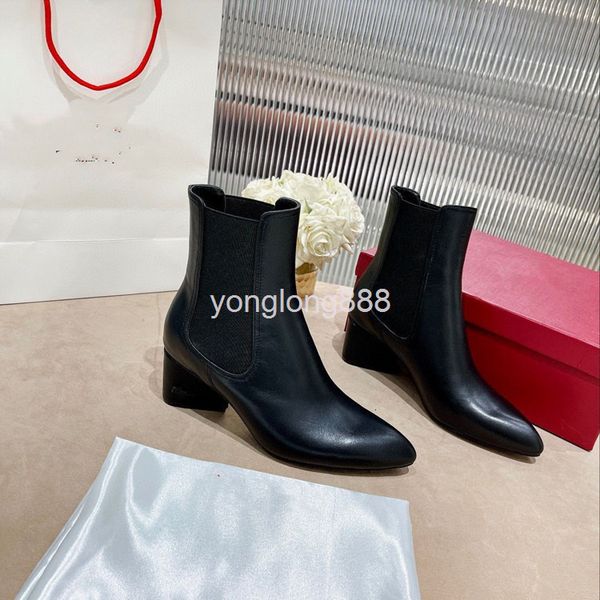 

boots high end quality autumn and winter full leather real cow square head thick heel sleeve short boots, Black