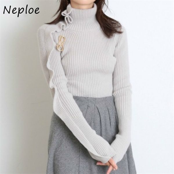

neploe autumn fashion chic fungus patchwork pullovers allmatch slim fit women sweaters turtleneck knitted femme 201221, White;black