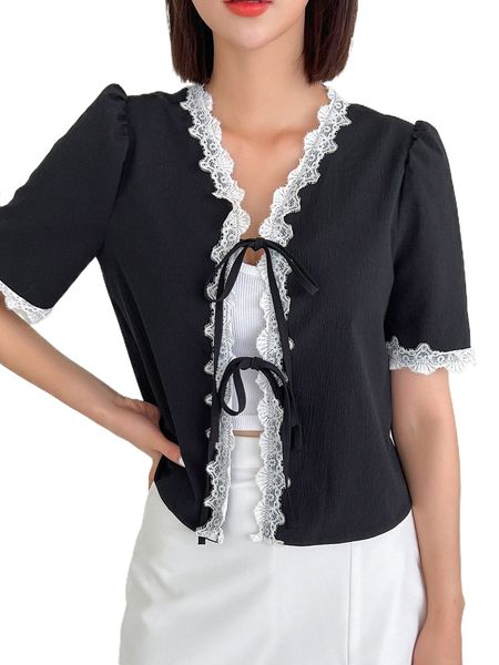 

dazy contrast lace tie front puff sleeve blouse s9li#, White