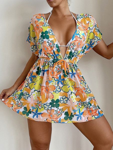 

floral drawstring cover up j67b#, White;black