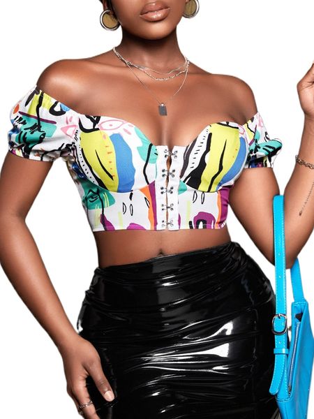

sxy graffiti print off shoulder hook and eye bustier crop blouse g4hz#, White