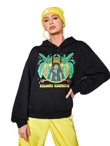 

x sheepysheeps letter & figure print hooded sweatshirt z7xg#, Black