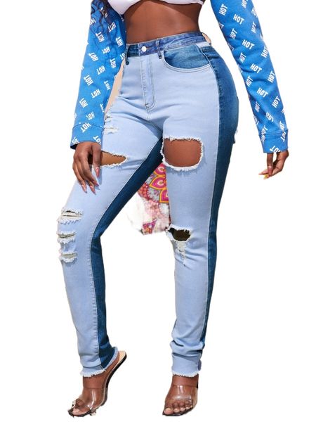 

sxy ripped raw hem spliced two tone jeans j7ms#, Blue