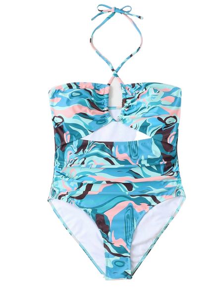 

plus allover print ruched side crisscross halter one piece swimsuit k0he#, White;black