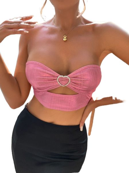 

heart-ring ruched cut out crop metallic tube q9yo#, White