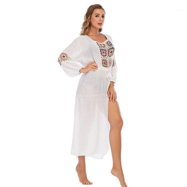 Sexy o pescoço de pescoço vestido crochê branco preto preto tricô roxo praia 2022 túnica de alta qualidade biquínis roupas de banho de praia feminina feminina