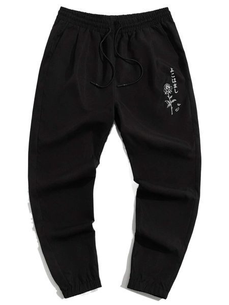 

men floral & japanese letter graphic drawstring waist pants l9p4#, Black