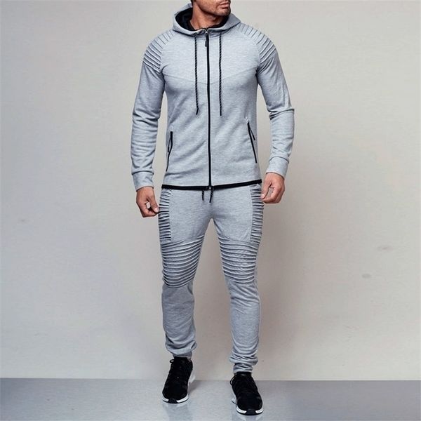 

2 pieces sets tracksuit men brand autumn winter hooded sweatshirt drawstring pants male stripe patchwork hoodies bigsweety 201128, Gray