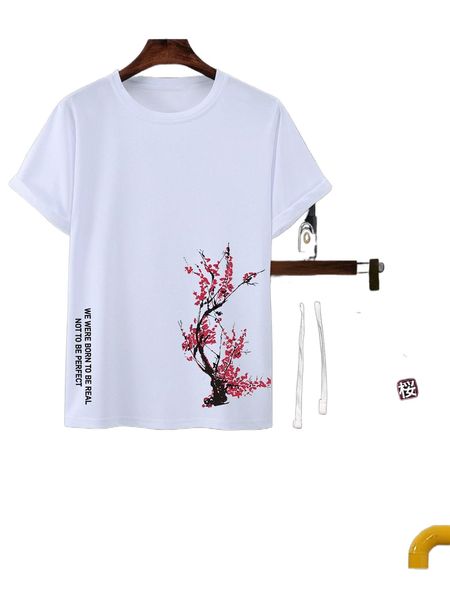 

men floral & slogan graphic tee & japanese letter graphic shorts o7hz#, Gray