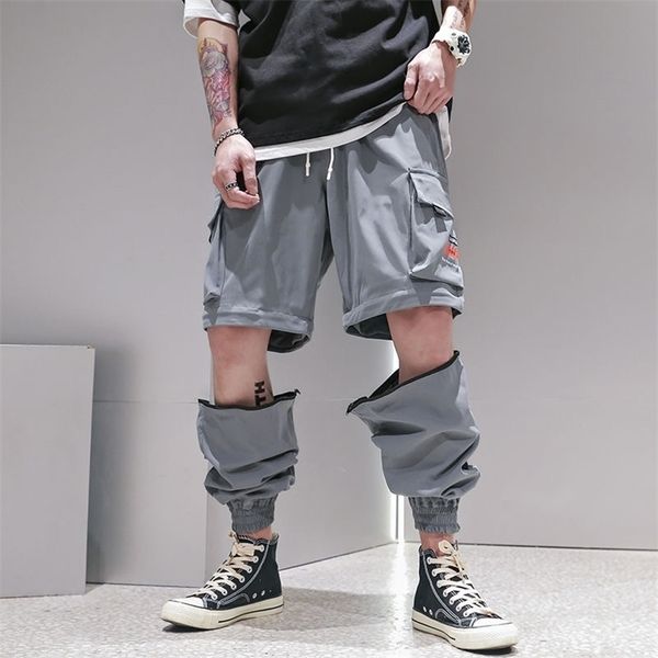 

summer hip hop joggers men black harem pants multi-pocket man sweatpants streetwear casual mens detachable overalls pants 201126
