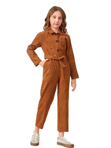 

girls dual pocket belted corduroy jumpsuit d3bf#, White;black
