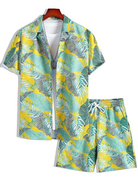 

men random tropical print shirt & shorts without tee o0a2#, Gray