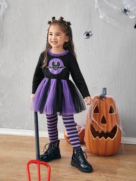 

toddler girls halloween bat print contrast mesh dress & striped leggings she, White