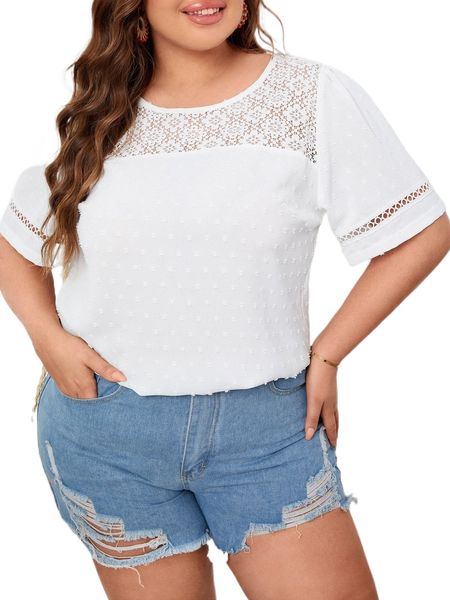 

plus swiss dot lace insert blouse 89om#, Black