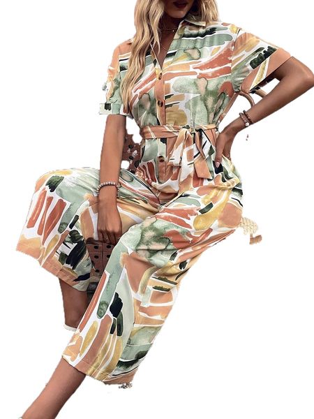 

brush print belted shirt jumpsuit a4kr#, Black;white