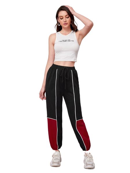 

knot waist contrast piping colorblock joggers k1zb#, Black;white