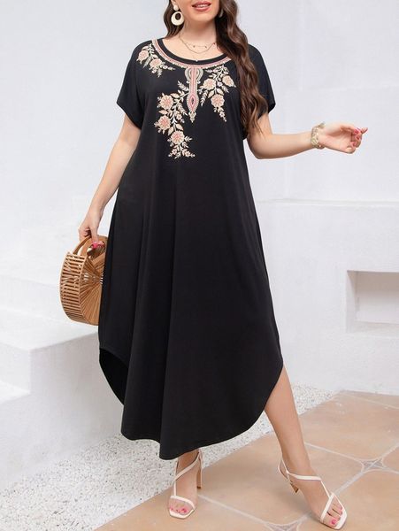 

plus floral embroidery batwing sleeve curved hem tee dress w1mi#, Black
