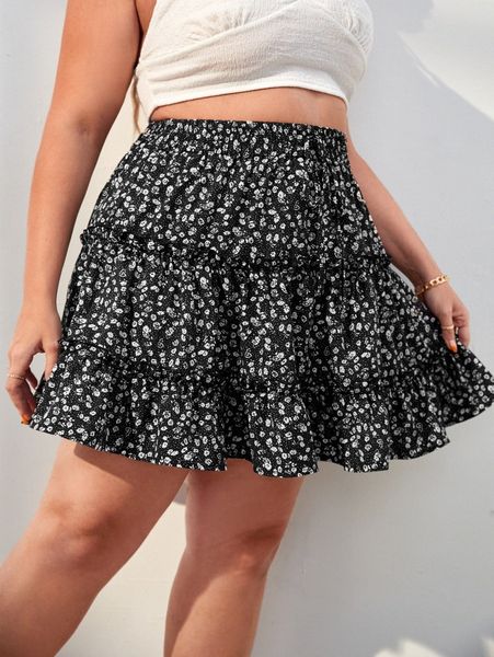 

plus ditsy floral layered hem skirt r8lc#, Black