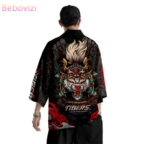 

suit plus size s-6xl tiger print loose japanese cardigan women men cosplay yukata clothing harajuku samurai kimono + pants sets, Red