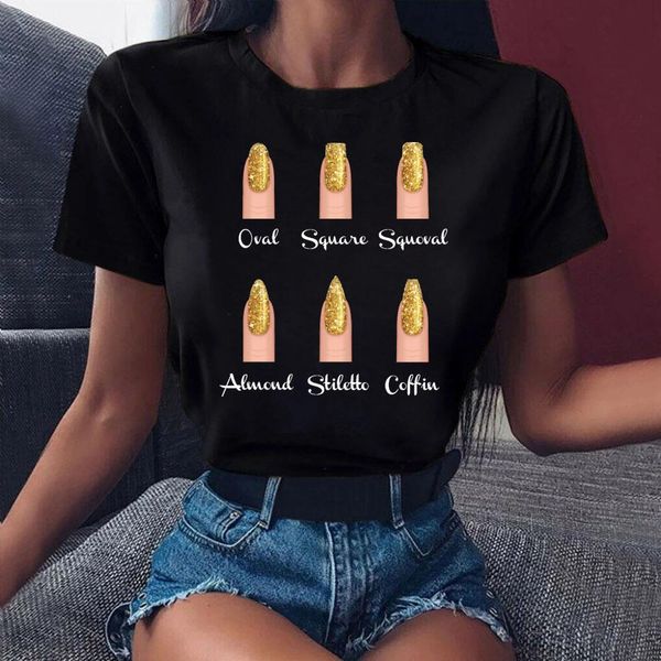 

gold nail art t shirt women female summer fashion short sleeve 90s girls cute graphic t-shirt, White