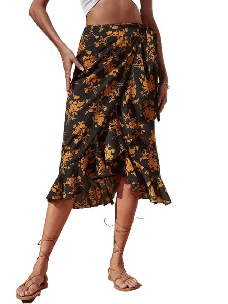 

allover floral knot size ruffle hem wrap skirt q6vv#, Black