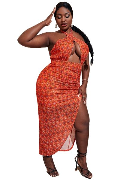 

sxy plus damask print cut out backless ruched split thigh halter dress d3pl#, Black