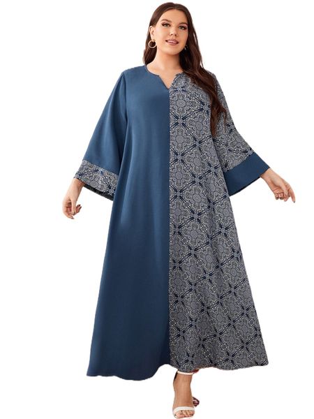 

plus scroll print notched neckline dress b8wq#, Black