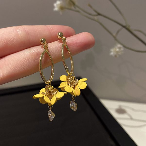 

925 silver needle korean fresh flower earrings instafamous design sense long earrings 2022 new personalized eardrop women, Golden