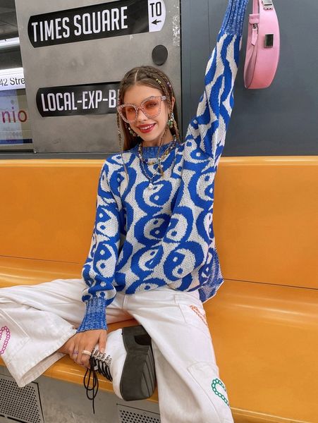 

yin & yang pattern drop shoulder sweater a7zt#, White;black