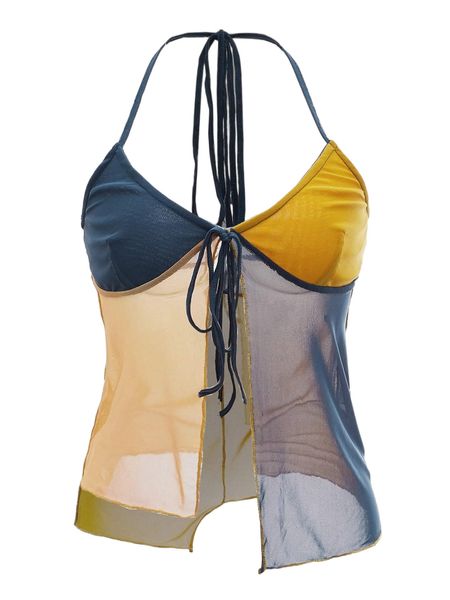 

plus knotted asymmetrical hem tie backless mesh halter 62me#, Black
