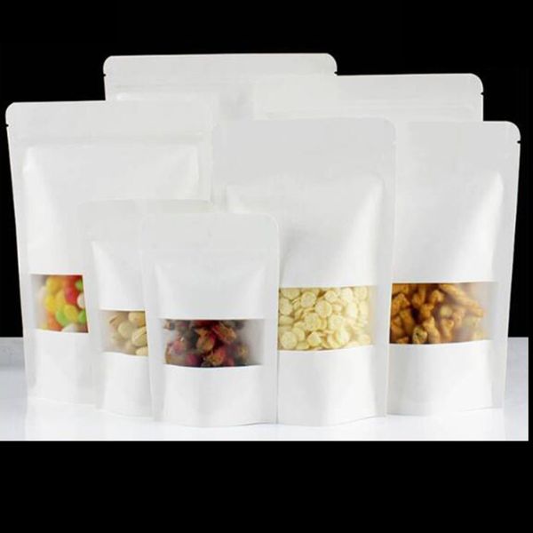 Saco de papel Kraft branco Mylar Doypack Resealable Smellproof Food Tea Herb Snack Zip Seal Sacos de armazenamento de pacote de varejo Bolsa de embalagem stand up com janela